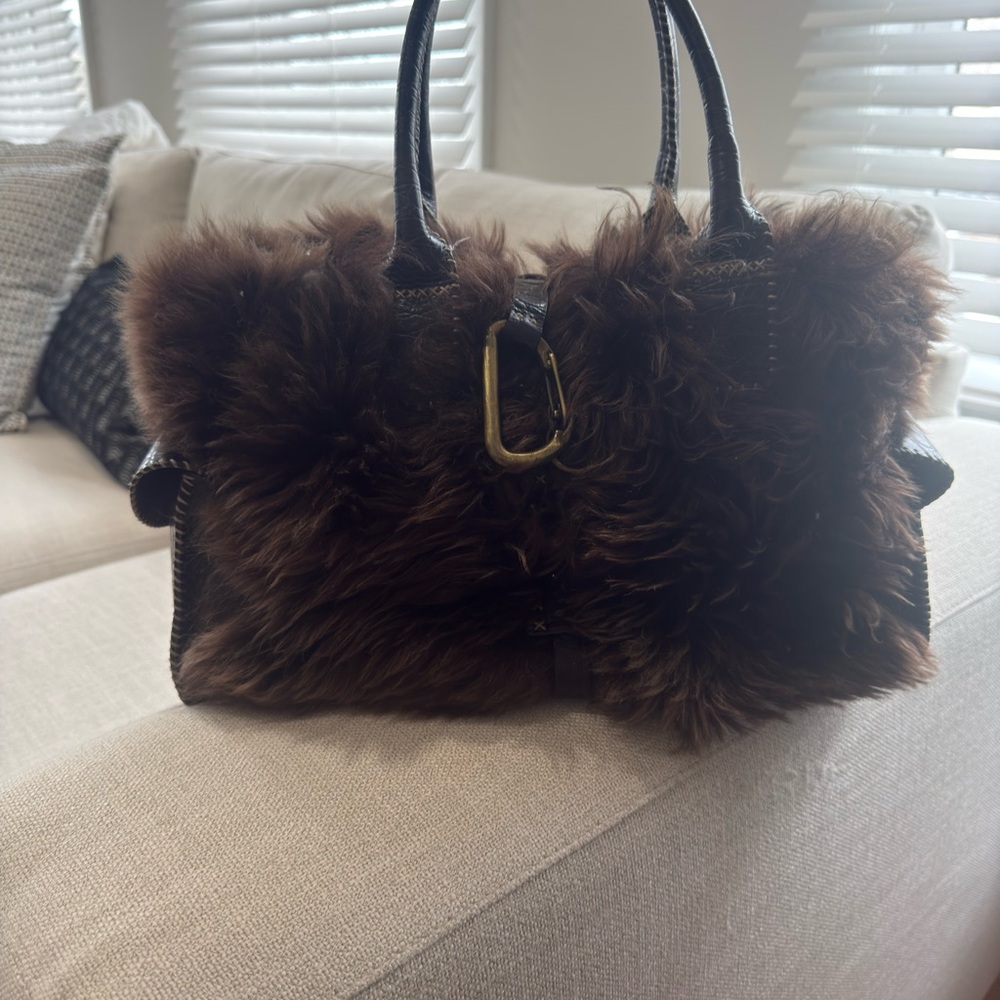 Plush Brown Faux Fur Tote with Leather Handles